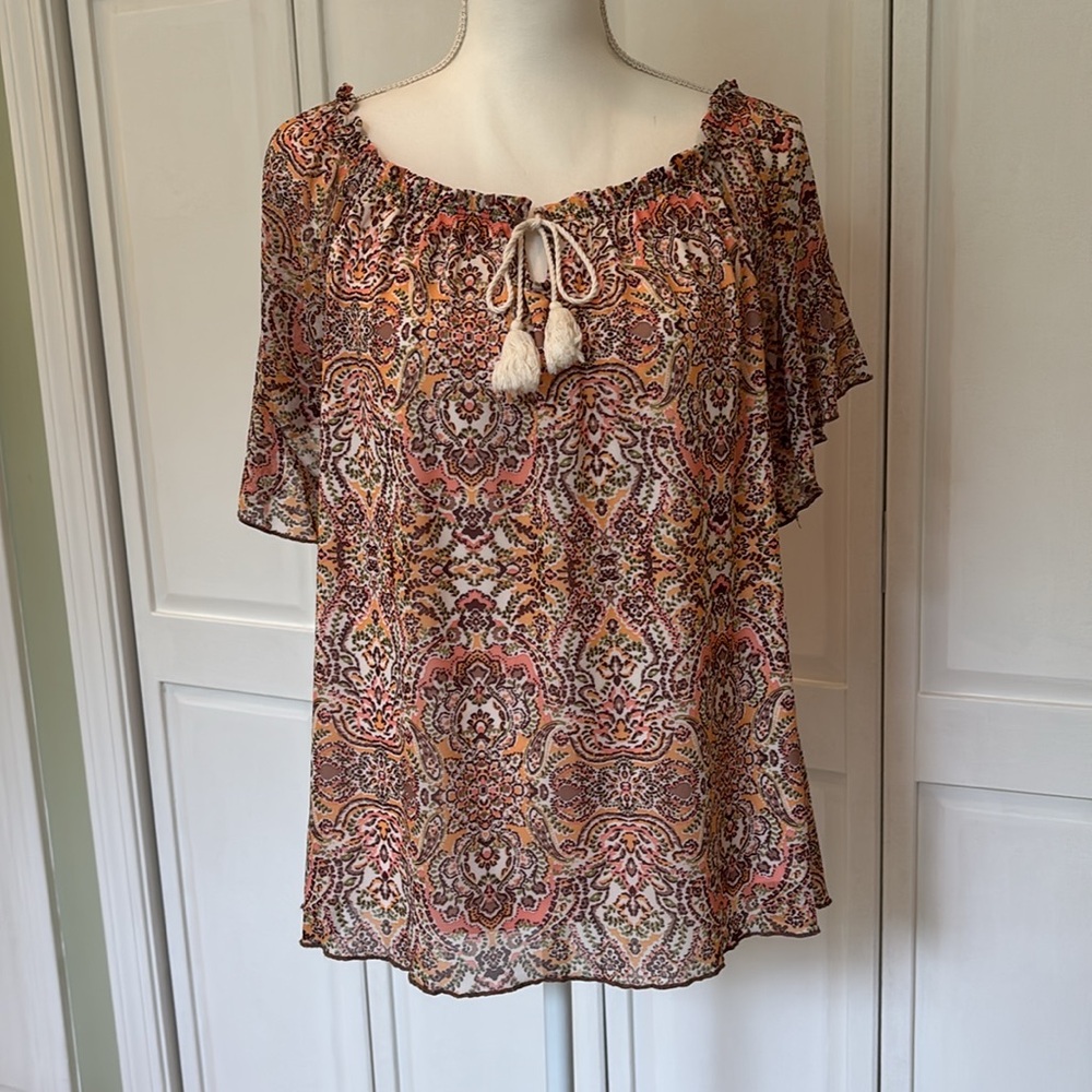 Jane and Delancey Ruffled Tie Front Blouse in Brown and Cream